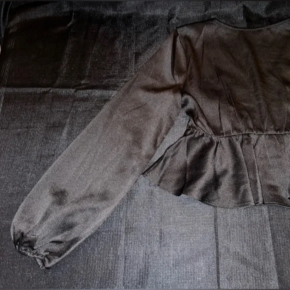 All in Favor Tie Front Satin Peplum Top in Black - Picture 10 of 10